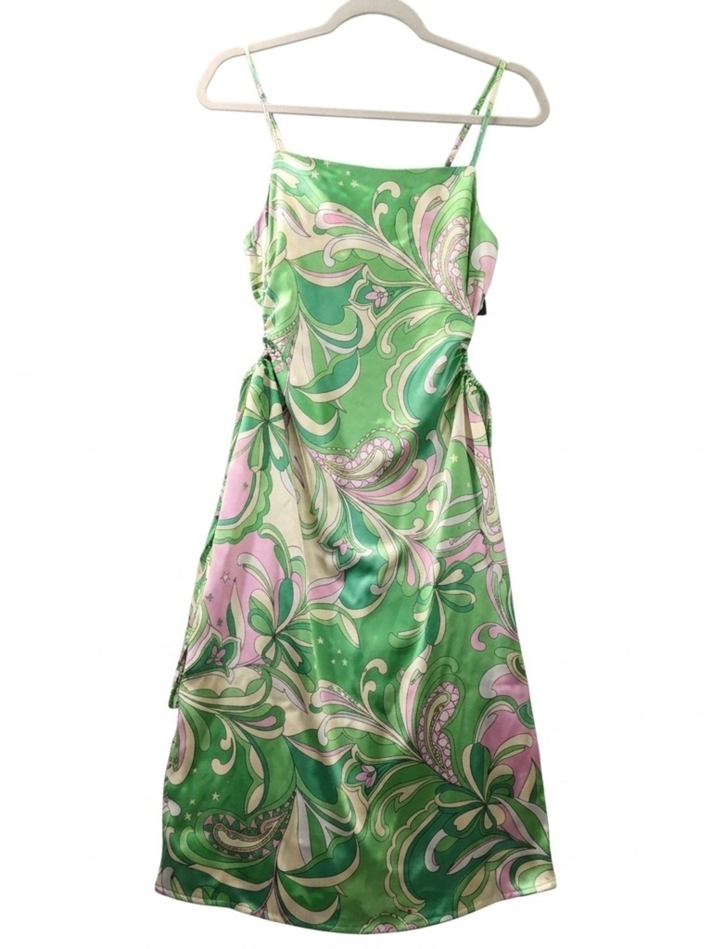 Christian Lacroix Paisley Satin Ruched Midi Dress Medium Side Tie Y2K Retro Glam